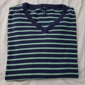 Gap Navy Blue with Mint Green Stripes L/S V-Neck Sweater